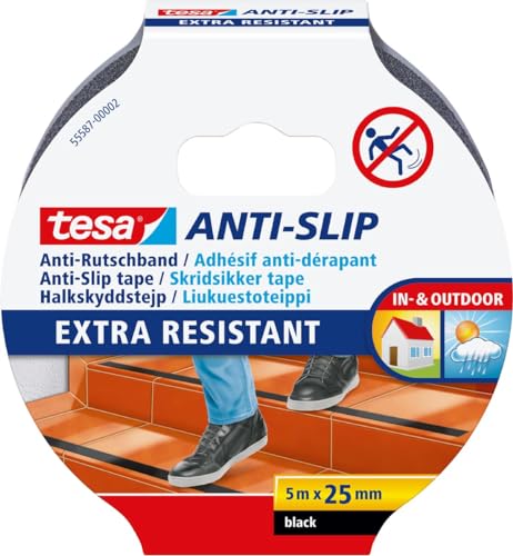 tesa Anti-Rutschband - Rutschfestes Klebeband für innen und außen - Für Treppen, Leitern und glatte Böden - Schwarz - 5 m x 25 mm von tesa