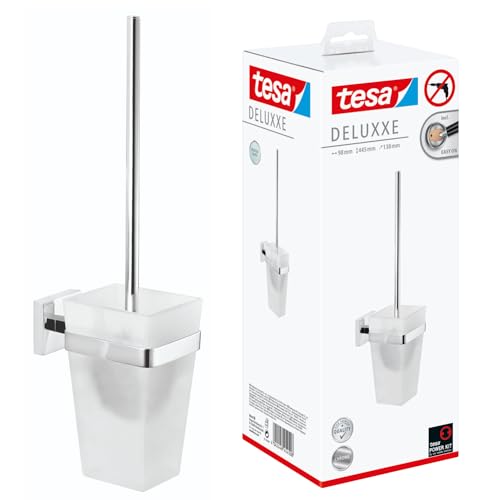 tesa DELUXXE Toilettenbürsten-Set, verchromt, mit satiniertem Glas - zur Wandbefestigung ohne Bohren, inkl. leistungsstarker Klebelösung - 137 mm x 97 mm x 160 mm von TESA