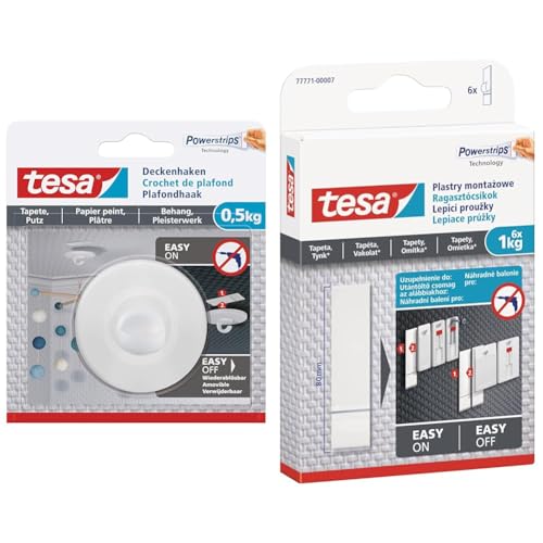 tesa Deckenhaken Tapeten & Putz - selbstklebender Haken & Powerstrips Tapete&Putz - doppelseitige Klebestreifen für Tapete und Gips von tesa