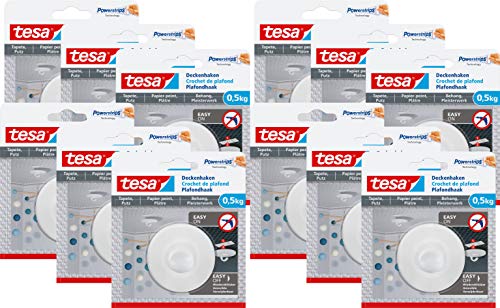 tesa Deckenhaken mit Powerstrips, selbstklebend, wieder ablösbar, bis 0,5kg (12er Pack) von tesa