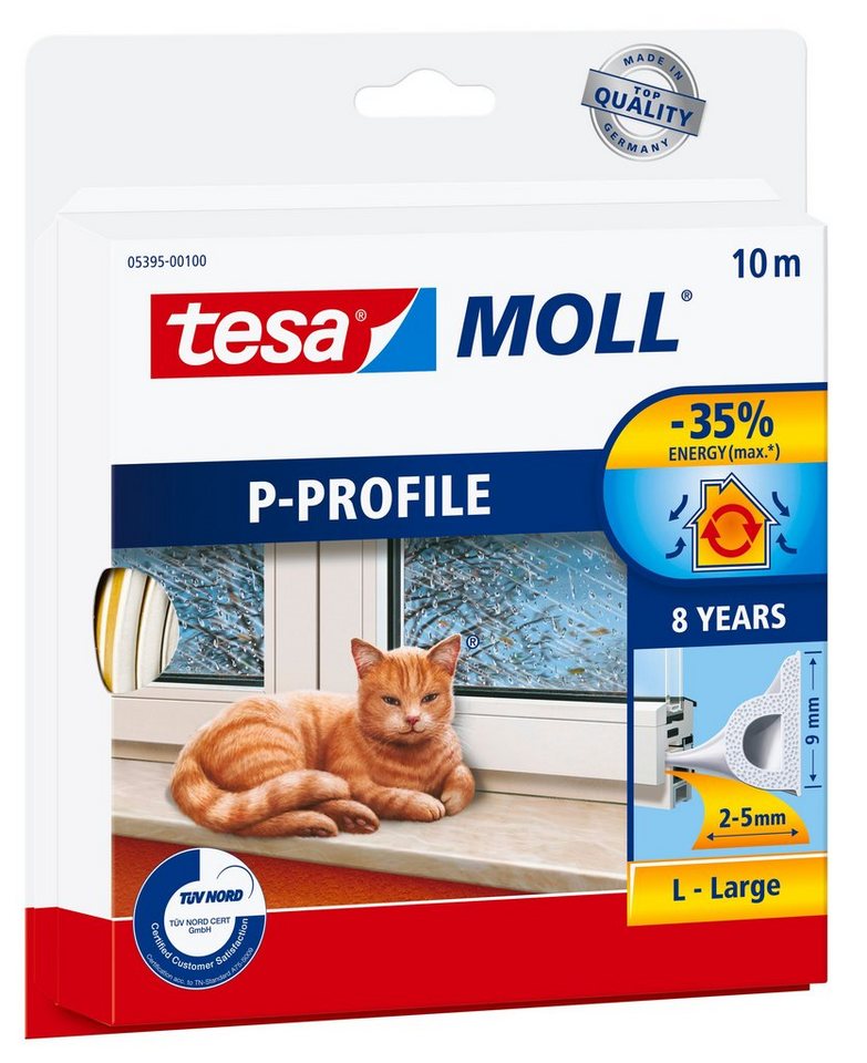 tesa Dichtband tesamoll Fensterdichtung CLASSIC P-Profil (Packung, 1-St) energiesparende Fensterabdichtung - weiß - 10 m : 9 mm : 5,5 mm von tesa