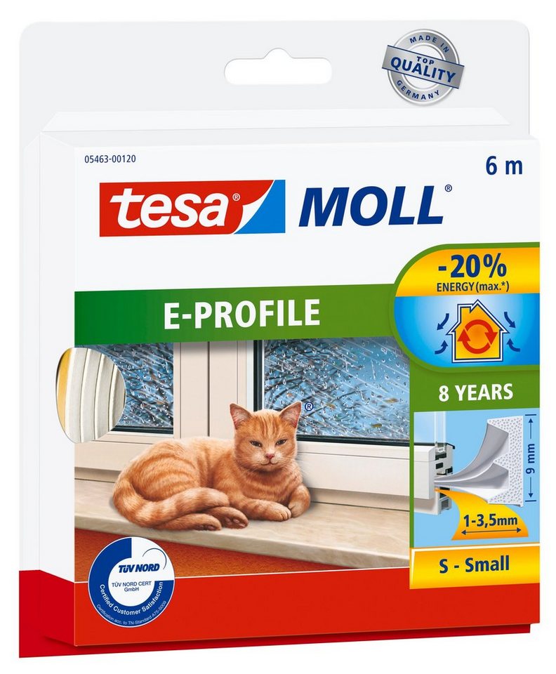 tesa Dichtungsband tesamoll CLASSIC E-Profil Fensterdichtung, (Packung, 1-St), Gummidichtung - selbstklebend & energiesparend - weiß von tesa