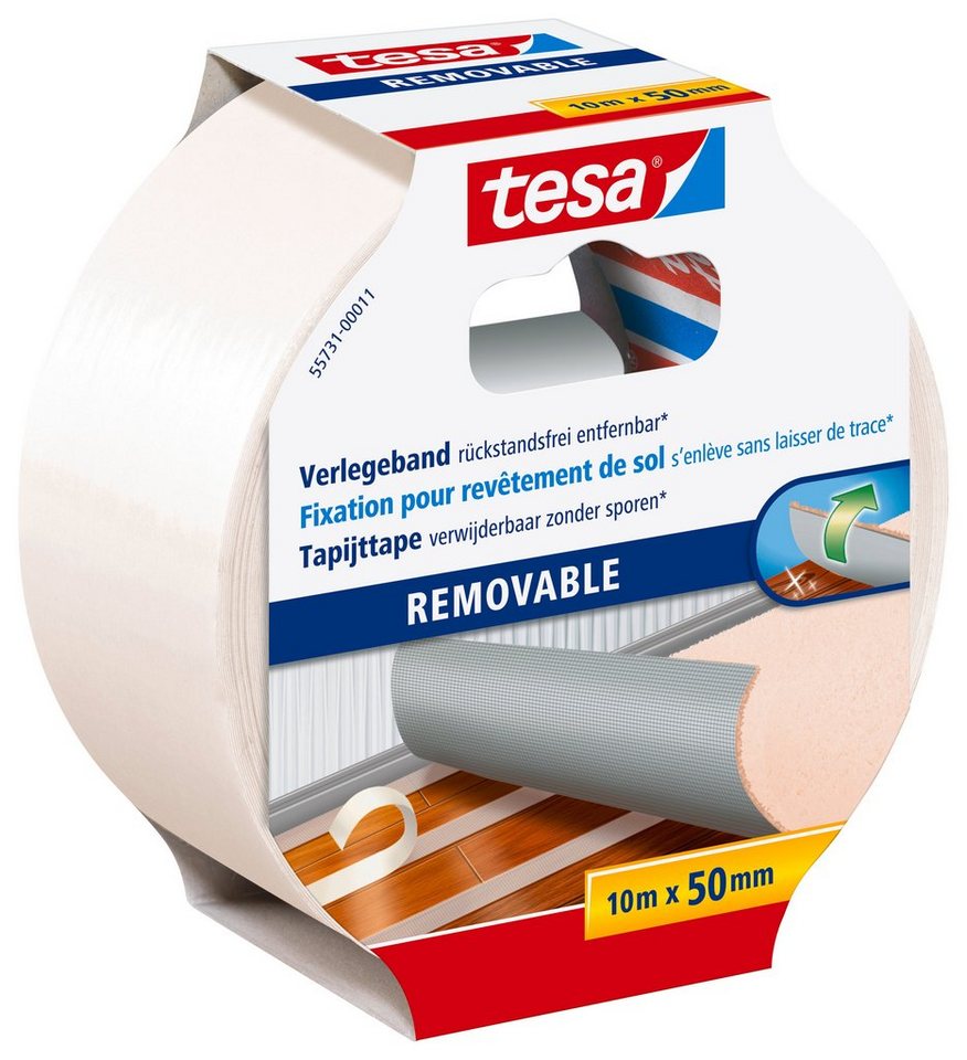 tesa Doppelklebeband REMOVABLE Verlegeband (Packung, 1-St) Gewebeklebeband für Teppiche & PVC-Beläge - entfernbar ohne Rückstände von tesa