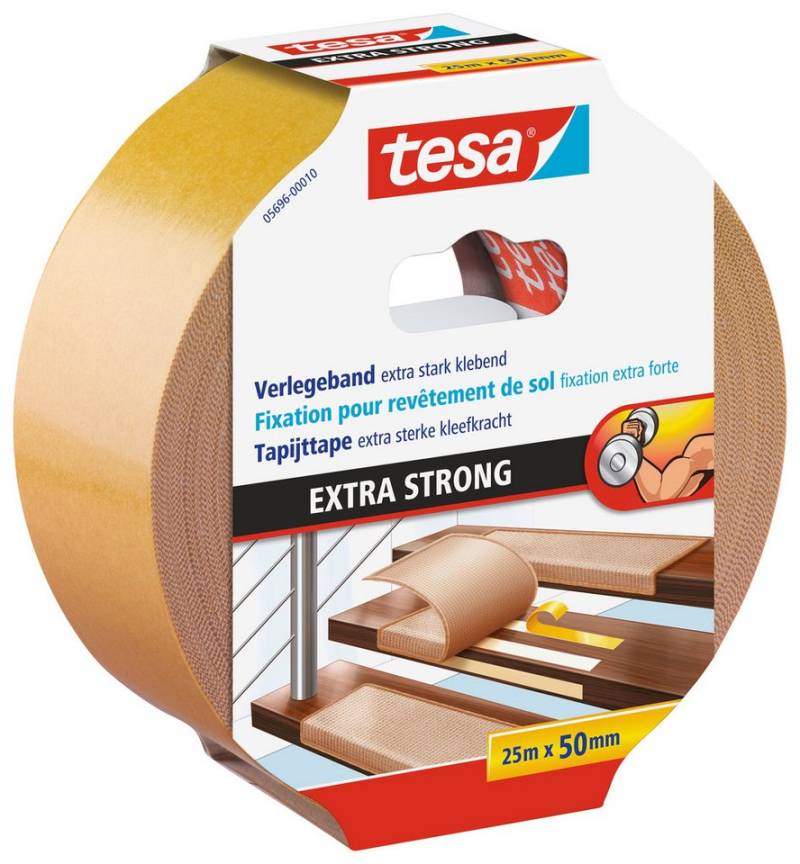 tesa Doppelklebeband EXTRA STRONG Verlegeband (Packung, 1-St) doppelseitiges Gewebeklebeband - zum Verlegen von Teppich & PVC-Boden von tesa