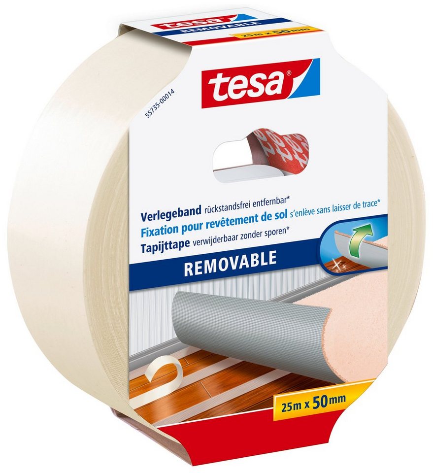tesa Doppelklebeband REMOVABLE Verlegeband (Packung, 1-St) weiß - 25 m : 50 mm von tesa