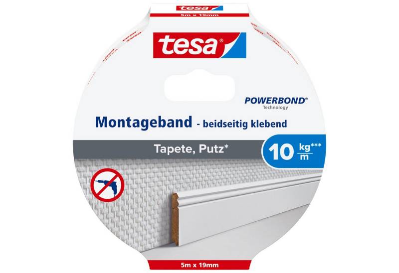 tesa Doppelklebeband POWERBOND Tapete, Putz Doppelseitiges Klebeband - 5 m : 19 mm (Packung, 1-St) Montageband extra stark - sichere Wandbefestigung ohne Bohren von tesa