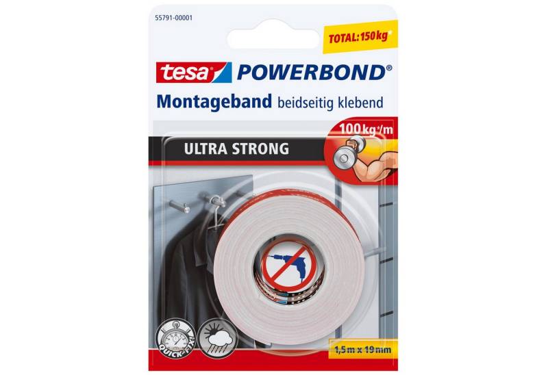 tesa Doppelklebeband POWERBOND Ultra Strong Doppelseitiges Klebeband (Packung, 1-St) extra stark klebend - 1,5 m : 19 mm von tesa