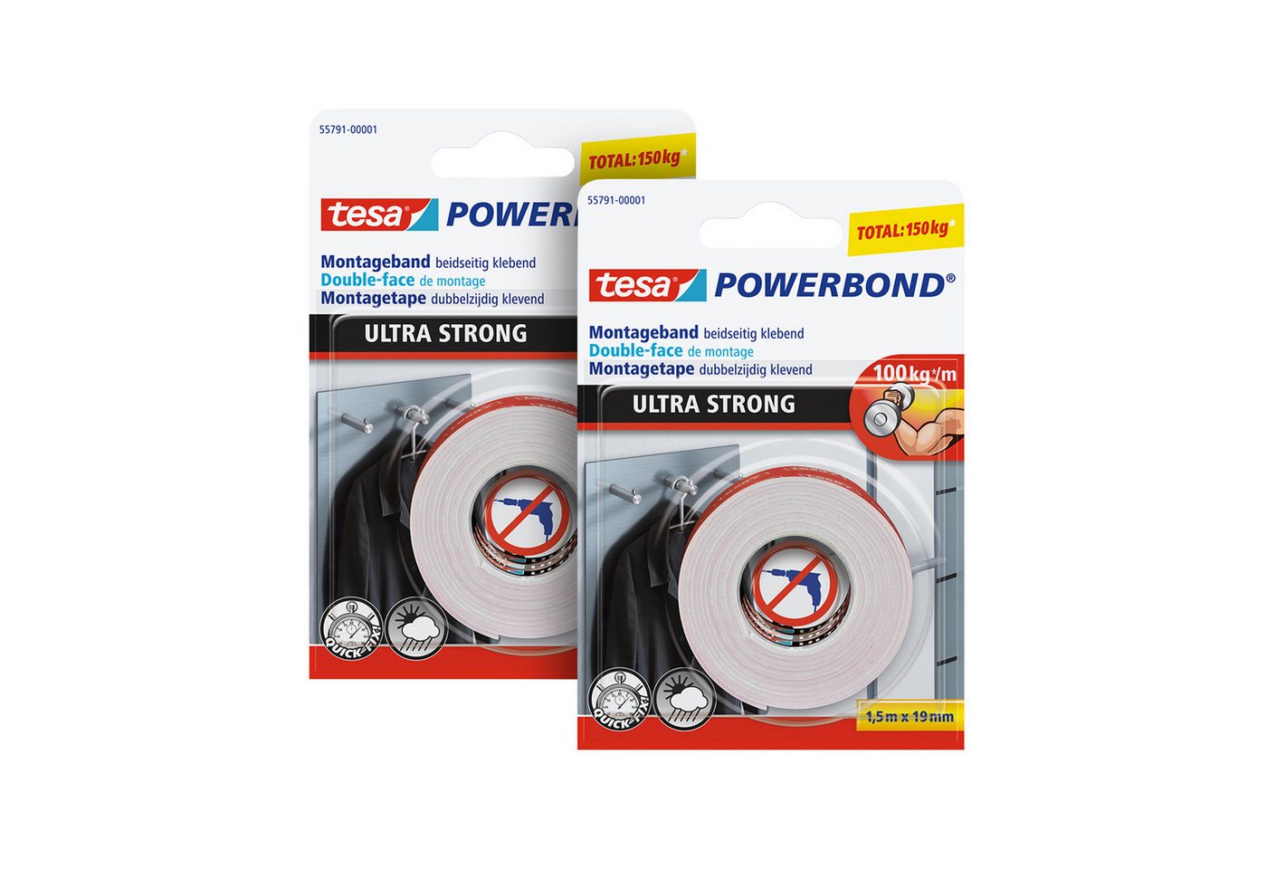 tesa Doppelklebeband POWERBOND Ultra Strong Doppelseitiges Klebeband (Packung, 2-St., 2 Rollen je 1.5m) extra stark klebend - 1,5 m : 19 mm von tesa