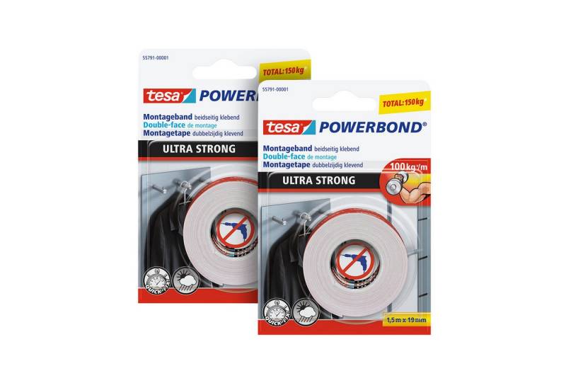 tesa Doppelklebeband POWERBOND Ultra Strong Doppelseitiges Klebeband (Packung, 2-St., 2 Rollen je 1.5m) extra stark klebend - 1,5 m : 19 mm von tesa