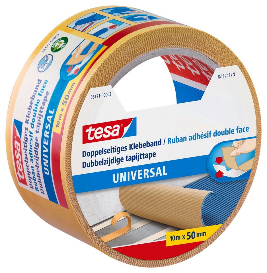 tesa Doppelklebeband UNIVERSAL Doppelseitiges Klebeband (Packung, 1-St) Gewebeklebeband / Verlegeband für Teppiche & Basteln - 10 m : 50 mm von tesa