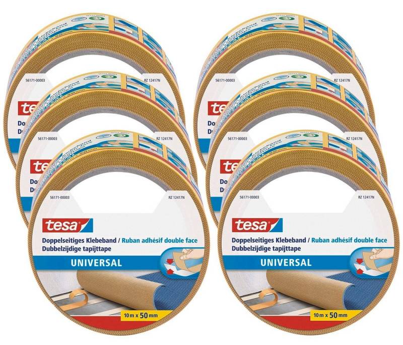 tesa Doppelklebeband UNIVERSAL Doppelseitiges Klebeband (Set, 6-St., 6x tesa® doppelseitige Klebeband universal) Gewebeklebeband / Verlegeband für Teppiche & Basteln - 10 m : 50 mm von tesa