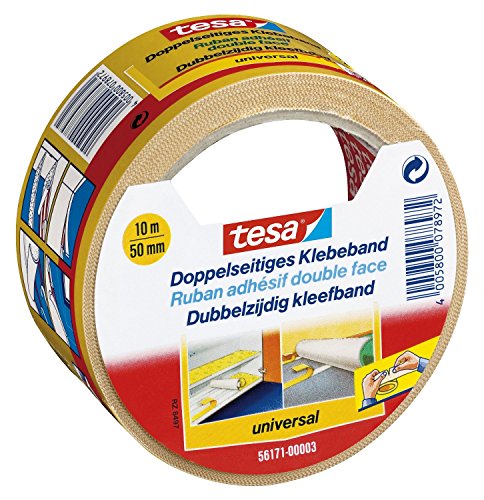 tesa Doppelseitiges Klebeband Universal - Vielseitiges Klebeband für Verpackungen, Deko und Teppiche oder zum Basteln - 10 m x 50 mm von tesa