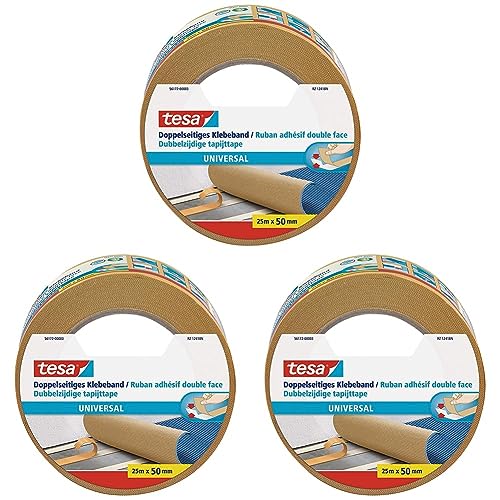 tesa Doppelseitiges Klebeband Universal - Vielseitiges Klebeband für Verpackungen, Deko und Teppiche oder zum Basteln - 25 m x 50 mm (Packung mit 3) von tesa