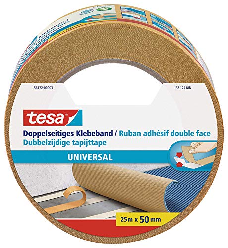 tesa Doppelseitiges Klebeband Universal - Vielseitiges Klebeband für Verpackungen, Deko und Teppiche oder zum Basteln - 25 m x 50 mm von tesa