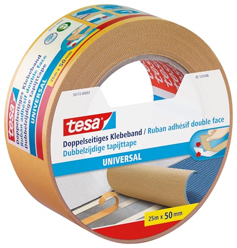 tesa Doppelseitiges Klebeband Universal - Vielseitiges Klebeband für Verpackungen, Deko und Teppiche oder zum Basteln - 25 m x 50 mm von tesa