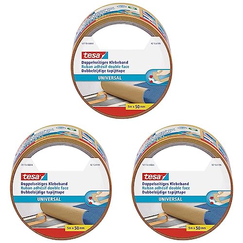 tesa Doppelseitiges Klebeband Universal - Vielseitiges Klebeband für Verpackungen, Deko und Teppiche oder zum Basteln - 5 m x 50 mm (Packung mit 3) von tesa
