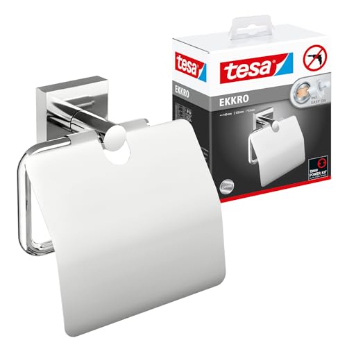 tesa EKKRO Toilettenpapierhalter mit Deckel, verchromt - WC-Rollenhalter zur Wandbefestigung ohne Bohren, inkl. Klebelösung - 53 mm x 140 mm x 128 mm von tesa