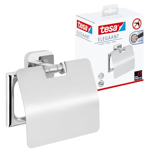 tesa ELEGAANT Toilettenpapierhalter mit Deckel, verchromt - zur Wandbefestigung ohne Bohren, inkl. Klebelösung - 132mm x 135mm x 48mm von tesa