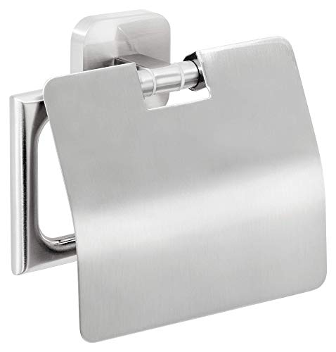 tesa ESTEETIC Toilettenpapierhalter mit Deckel, verchromt - zur Wandbefestigung ohne Bohren, inkl. Klebelösung - 132mm x 135mm x 48mm von tesa