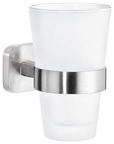 tesa ESTEETIC Zahnputzbecher mit Halterung - Becher aus Milchglas, verchromte Wandhalterung - zur Wandbefestigung ohne Bohren - 80mm x 125mm x 120mm von tesa