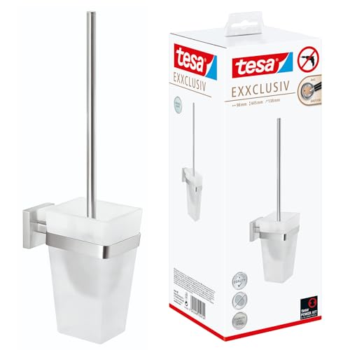 tesa EXXCLUSIV Toilettenbürsten-Set, verchromt, mit satiniertem Glas - zur Wandbefestigung ohne Bohren, inkl. leistungsstarker Klebelösung - 98mm x 445mm x 138mm von tesa