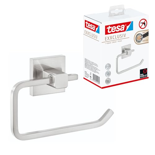 tesa EXXCLUSIV Toilettenpapierhalter ohne Deckel, verchromt - zur Wandbefestigung ohne Bohren, inkl. Klebelösung - 160mm x 99mm x 45mm, eckig von tesa