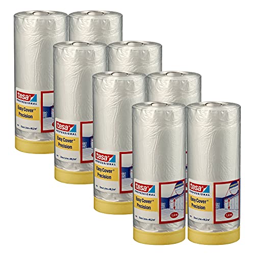 tesa Easy Cover 4365 Präzision - 8er Pack - Malerfolie mit Malerband zum Abkleben und Abdecken bei Malerarbeiten - 2-in-1 Abklebeband mit Folie - transparent - je 33 m x 1,4 m von tesa