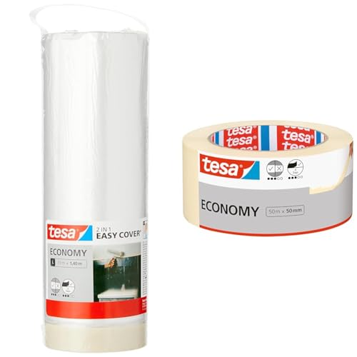 tesa Easy Cover ECONOMY Folie für Malerarbeiten & Malerband ECONOMY - Vielseitiges Klebeband für Malerarbeiten ohne Lösungsmittel - Bis zu 4 Tage nach Gebrauch rückstandslos entfernbar, 50 m x 50 mm von tesa