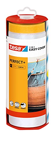 tesa Easy Cover Perfect+ Dispenser XL - 2in1 Malerfolie mit Washi-Kreppband und Abroller - für saubere, präzise Schnitte - mit Klingenabdeckung - 17 m x 2,60 m von tesa