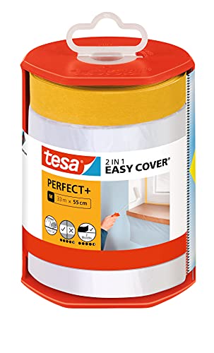tesa Easy Cover Perfect+ Dispenser XL - 2in1 Malerfolie mit Washi-Kreppband und Abroller - für saubere, präzise Schnitte - mit Klingenabdeckung - 33m x 0,55 m von tesa