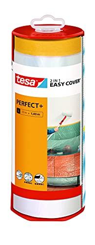 tesa Easy Cover Perfect+ Dispenser XL - 2in1 Malerfolie mit Washi-Kreppband und Abroller - für saubere, präzise Schnitte - mit Klingenabdeckung - 33m x 1,40 m von tesa