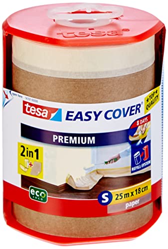 tesa Easy Cover Premium Abdeckfolie für Malerarbeiten - 2 in1 Malerfolie zum Abdecken und Kreppband zum Abkleben - Nachfüllbar, mit Abroller - 25 m x 18 cm von tesa