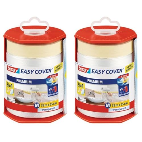 tesa Easy Cover Premium Abdeckfolie für Malerarbeiten - 2 in1 Malerfolie zum Abdecken und Kreppband zum Abkleben - Nachfüllbar, mit Abroller - 33 m x 50 cm (Packung mit 2) von tesa