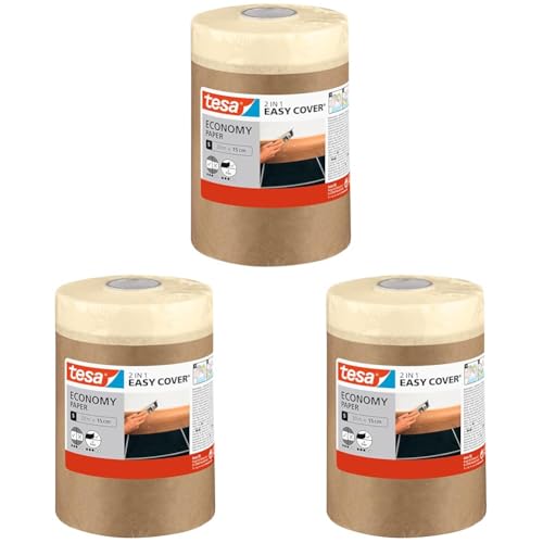 tesa Easy Cover UNIVERSAL Papier - 2in1 Malerabdeckpapier mit selbstklebendem Abdeckband für Malerarbeiten und Renovierungen - 20 m x 15 cm (Packung mit 3) von tesa