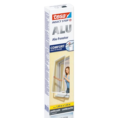 tesa Insect Stop ALU Comfort Fliegengitter für Fenster - Insektenschutz mit Rahmen aus Aluminium - Fliegen Netz ohne Bohren - Anthrazit, 100 cm x 120 cm von tesa
