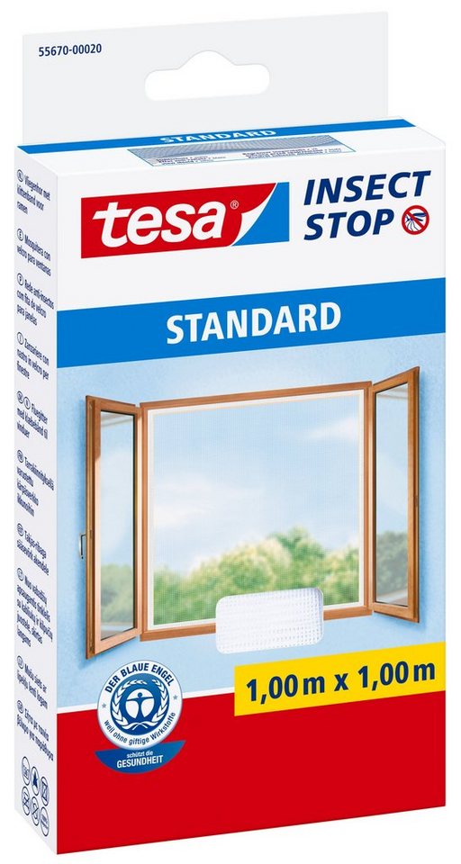 tesa Fliegengitter-Gewebe Insect Stop Standard Fliegengitter für Fenster, (Spar-Set, 3-St., Fliegennetz, Klettband), Fliegenetz ohne Bohren-zuschneidbar - je 1,1 m :1,3 m - schwarz von tesa