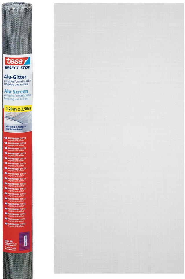 tesa Fliegengitter-Gewebe Insect Stop Alu-Gitter Ersatzrolle für Fliegengitter - 1.2 m x 2.5 m, (Packung, 1-St., Nachfüllrolle), Mückennetz als Ersatzgitter für Fenster & Türen von tesa