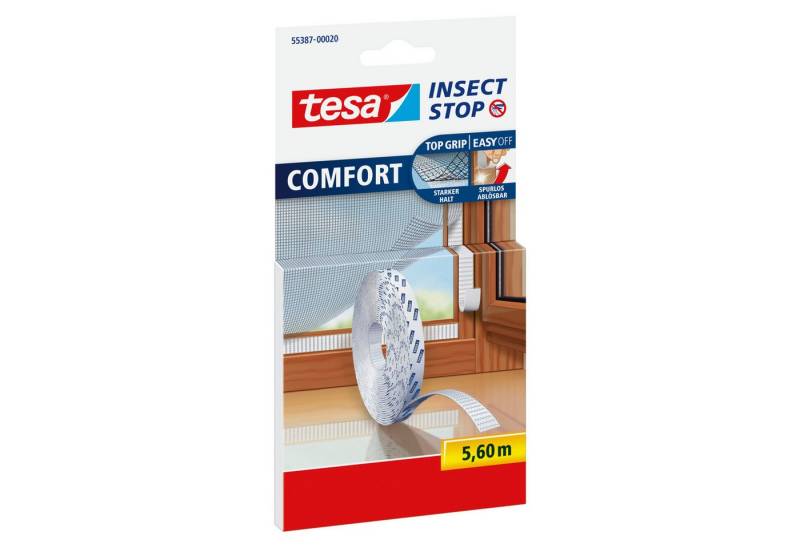 tesa Fliegengitter-Gewebe Insect Stop COMFORT selbstklebendes Klettband Ersatzrolle, 5,6m, (Packung, 1-St., Selbstklebendes Klettband), Klettband zur bohrfreien Fixierung am Fenster für Fliegengitter - weiß von tesa
