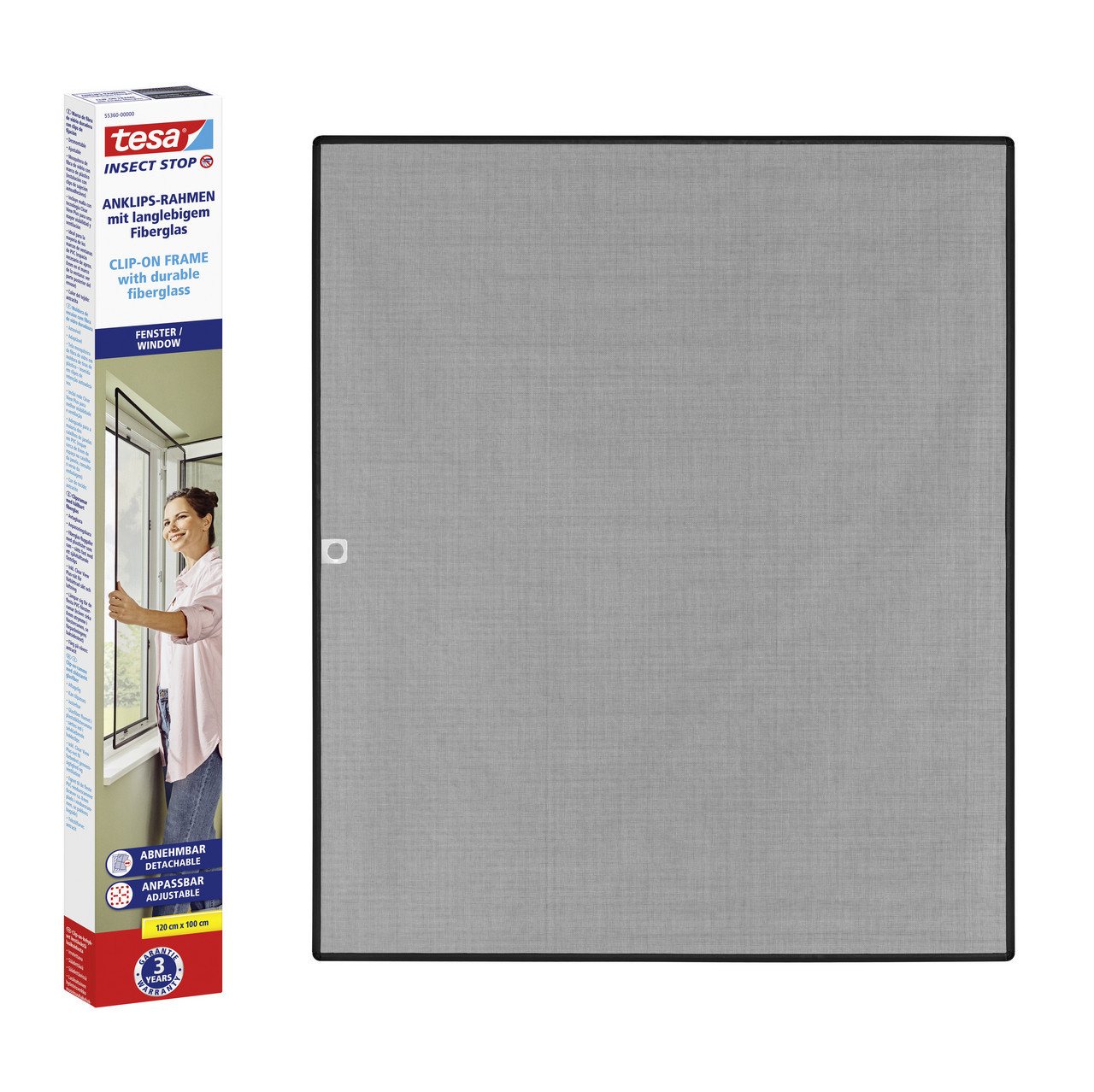 tesa Fliegengitter-Gewebe Insect Stop Clip On Insektenschutz für Fenster - 1,00 m x 1,20 m, (Komplett-Set, 1-St., inkl. Fiberglas-Netz in Anthrazit, Rahmen und Halteklip-Lösung) von tesa
