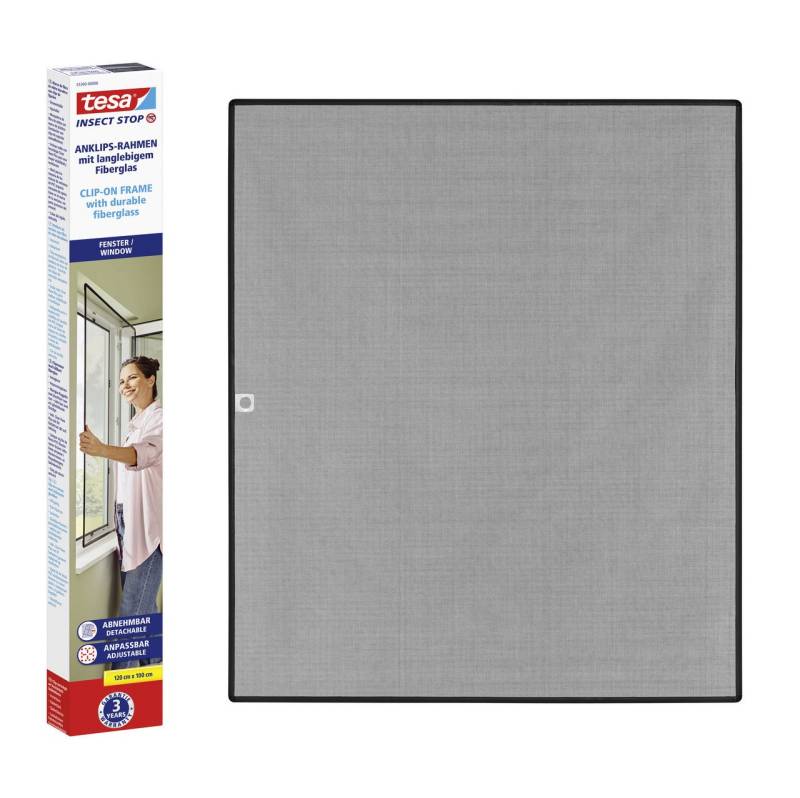 tesa Fliegengitter-Gewebe Insect Stop Clip On Insektenschutz für Fenster - 1,00 m x 1,20 m, (Komplett-Set, 1-St., inkl. Fiberglas-Netz in Anthrazit, Rahmen und Halteklip-Lösung) von tesa