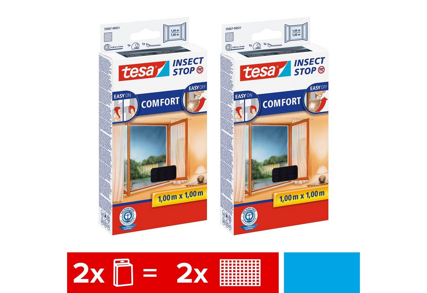 tesa Fliegengitter-Gewebe Insect Stop Comfort Fliegengitter für Fenster, (Spar-Set, 2-St., Fliegennetz, Klettband), Insektenschutzgitter - Fliegenetz ohne Bohren -zuschneidbar -anthrazit von tesa