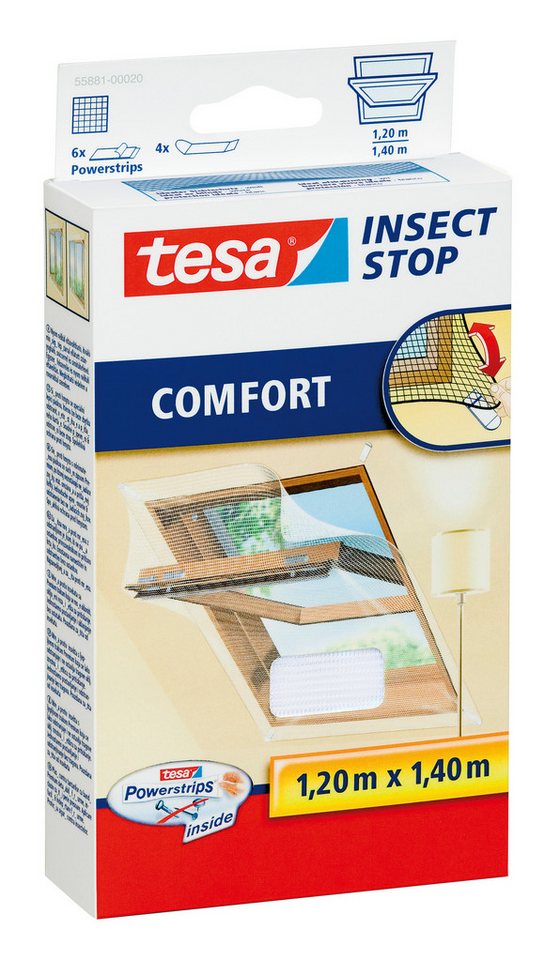 tesa Fliegengitter-Gewebe Insect Stop Comfort Fliegengitter für Fenster - 1.2 m : 1.4 m, (Packung, 1-St., Fliegennetz, Klettband), Insektenschutzgitter für Dachfenster - individuell zuschneidbar -weiß von tesa