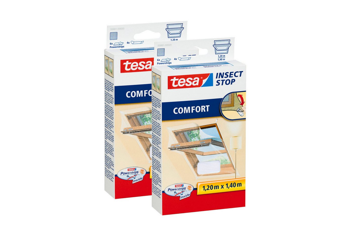 tesa Fliegengitter-Gewebe Insect Stop Comfort Fliegengitter für Fenster - 1.2 m : 1.4 m, (Spar-Set, 2-St., Fliegennetz, Klettband), Insektenschutzgitter für Dachfenster - individuell zuschneidbar -weiß von tesa