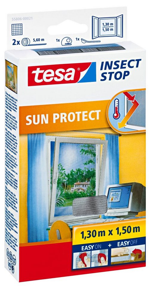 tesa Fliegengitter-Gewebe Insect Stop Comfort SUN Protect Insektenschutzgitter für Fenster, (Packung, 1-St., Fliegennetz, Klettband), Fliegengitter mit Sonnenschutz - ohne Bohren - 1.3m:1.5m - schwarz von tesa