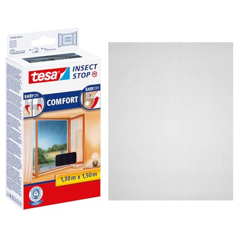 tesa Insect Stop COMFORT Fliegengitter für Fenster - Insektenschutz mit Klettband selbstklebend - Fliegen Netz ohne Bohren - anthrazit (durchsichtig), 130 cm x 150 cm von tesa