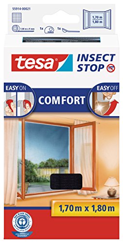 tesa Insect Stop COMFORT Fliegengitter für Fenster - Insektenschutz mit Klettband selbstklebend - Fliegen Netz ohne Bohren - anthrazit (durchsichtig), 170 cm x 180 cm von tesa