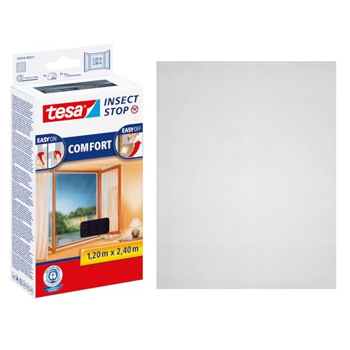 tesa Insect Stop COMFORT Fliegengitter für bodentiefe Fenster - Insektenschutz selbstklebend - Fliegen Netz ohne Bohren - anthrazit (durchsichtig), 120 cm x 240 cm von tesa