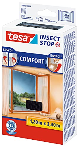 tesa Insect Stop COMFORT Fliegengitter für bodentiefe Fenster - Insektenschutz selbstklebend - Fliegen Netz ohne Bohren - anthrazit (durchsichtig), 120 cm x 240 cm von tesa