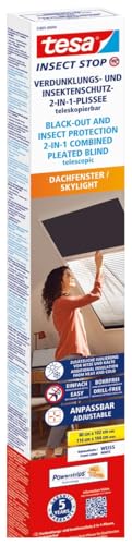 tesa Insect Stop 2-in-1-Plissee - Verdunkelung und Insektenschutz für Dachfenster - einfach anpassbar, Montage ohne Bohren und Sägen - max. 1,16 m x 1,64 m - Profile in Weiß - Plissees in Anthrazit von tesa