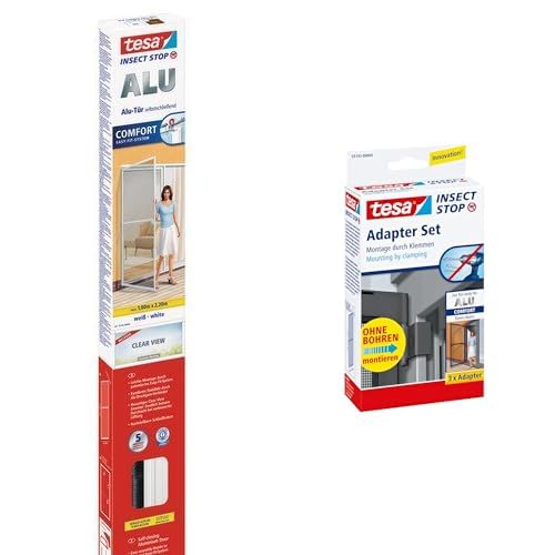 tesa Insect Stop ALU COMFORT Fliegengitter für Türen inkl Adapter für bohrfreie Befestigung - Insektengitter mit Aluminium-Rahmen & Clear View - Tür Insektenschutz - Weiß, 100 cm x 220 cm von tesa